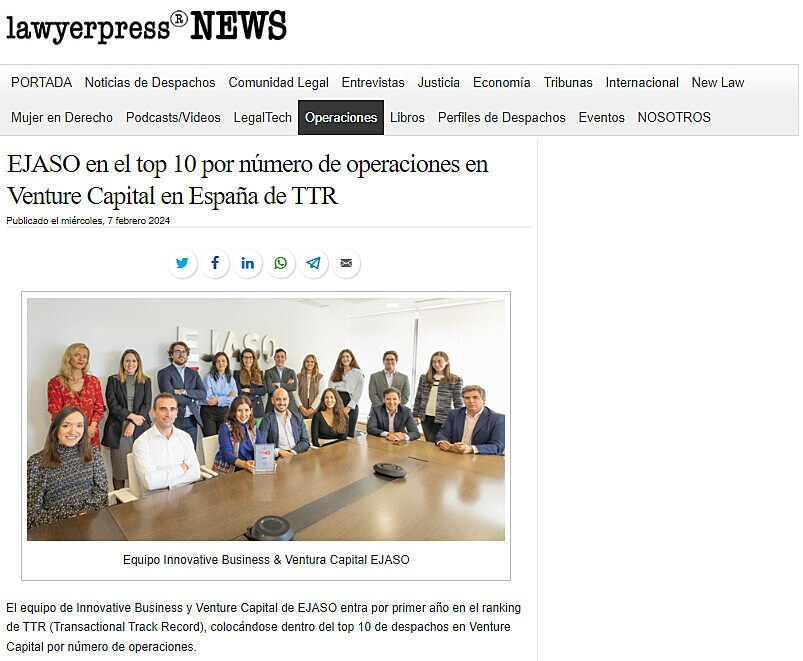 EJASO en el top 10 por nmero de operaciones en Venture Capital en Espaa de TTR